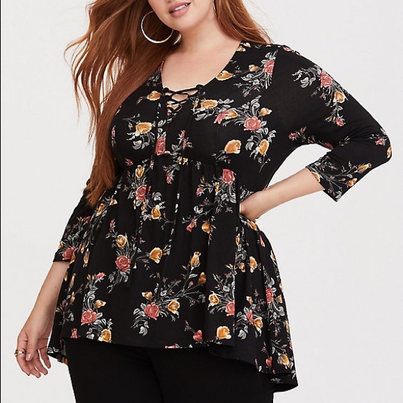torrid Tops - Torrid black floral babydoll tee